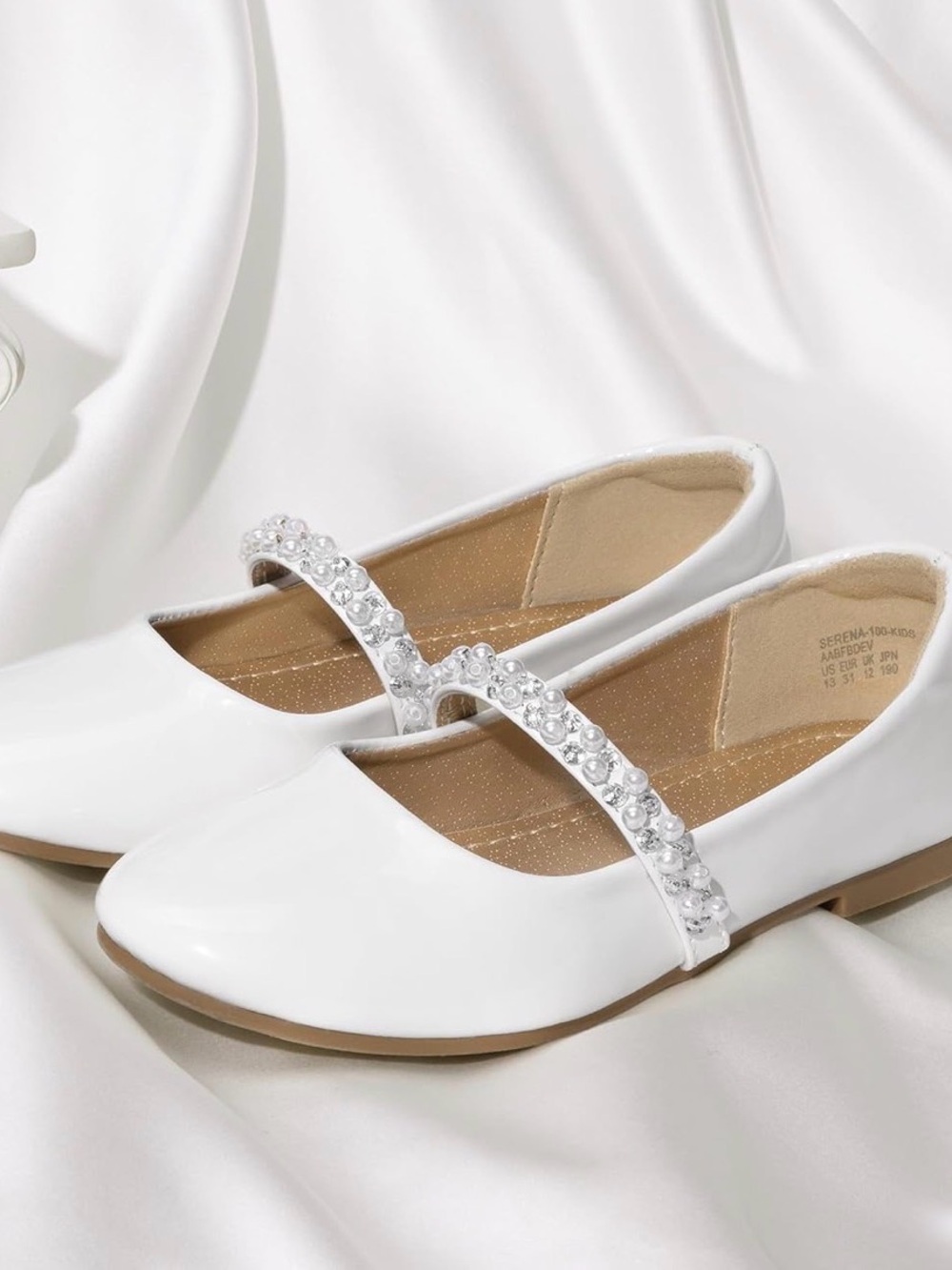 Girls White Mary Jane Flats with Crystal Strap